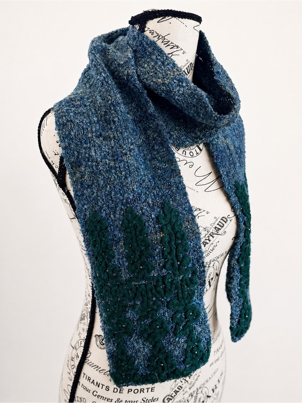 90s AK Anne Klein Textured Bouclé Scarf Teal Green Floral Appliqué Beaded Wrap